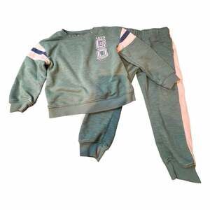 Carter's 2-Piece Sweatsuit Set 4T Green Pink Waffle Knit Logo Elastic Waist